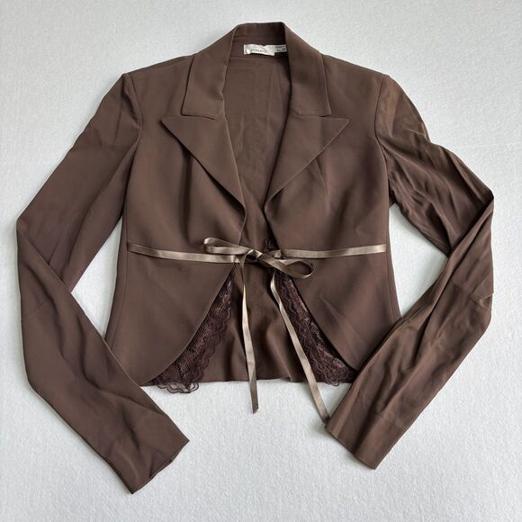 PINKO Short Delicate Lace Trim Detail Jacket Blazer Womens 6 Brown Satin Bow NWT - Picture 2 of 10